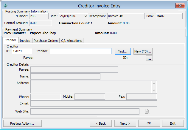 Creditor Invoice Entry - Creditor tab (cut down)