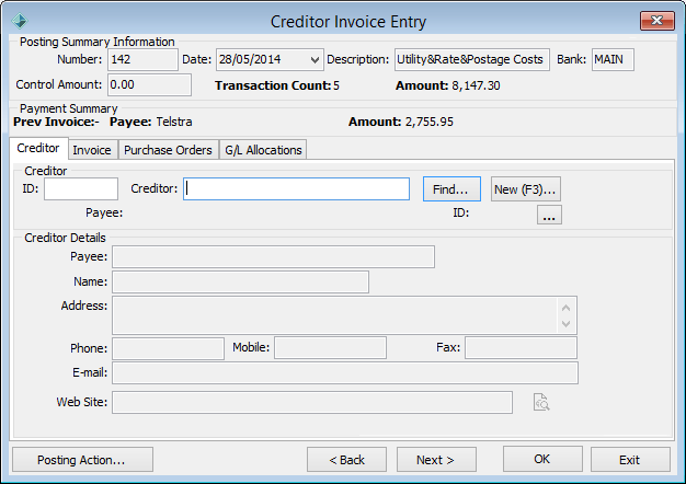 Creditor Invoice Entry - Creditor tab