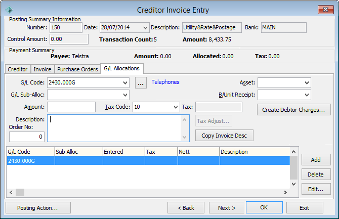 Creditor Invoice Entry - G/L Allocations tab
