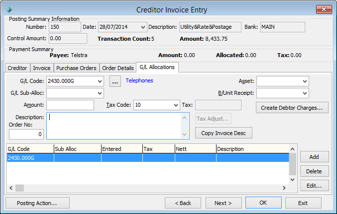 Creditor Invoice Entry - G/L Allocations tab