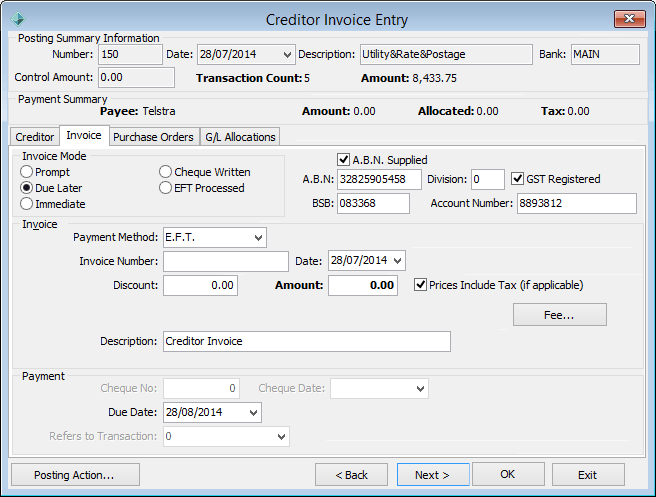 Creditor Invoice Entry - Invoice tab (cut down)