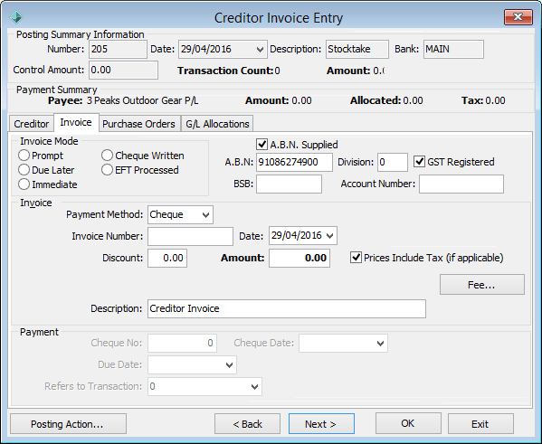 Creditor Invoice Entry - Invoice tab