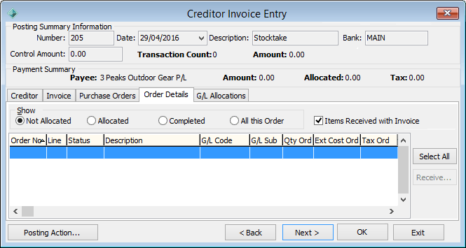 Creditor Invoice Entry - Order Details tab