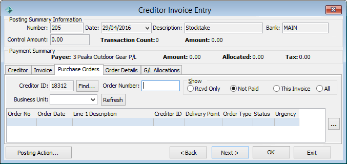 Creditor Invoice Entry - Purchase Orders tab