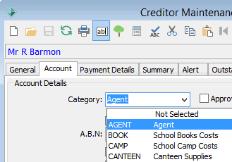 Creditor Maintenance - Account tab (Category = Agent)