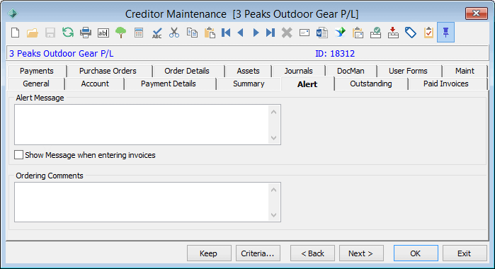 Creditor Maintenance - Alert tab
