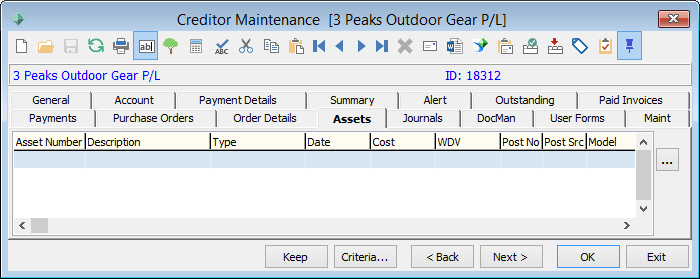 Creditor Maintenance - Assets tab