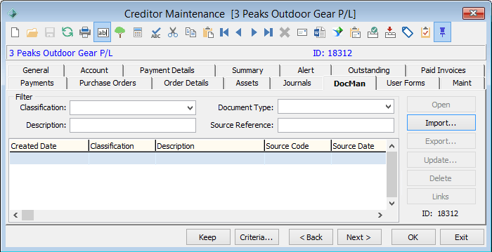 Creditor Maintenance - DocMan tab