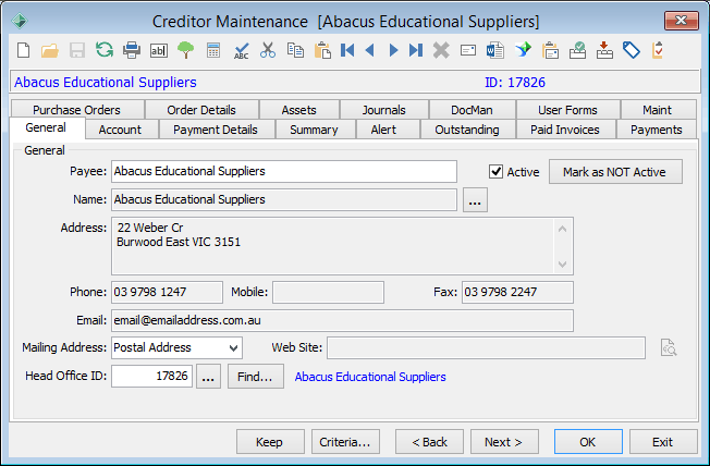 Creditor Maintenance - General tab