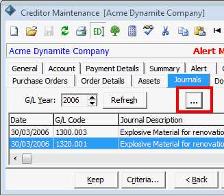 Creditor Maintenance - Journals tab (General Ledger launch button highlighted)