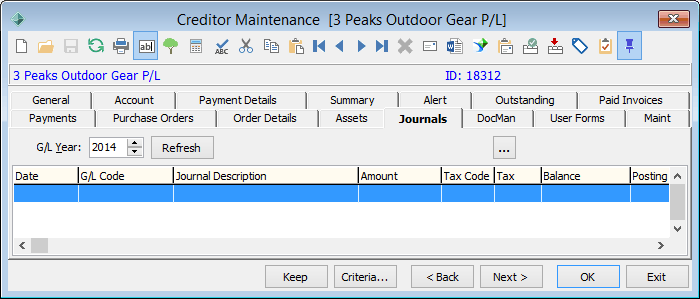 Creditor Maintenance - Journals tab