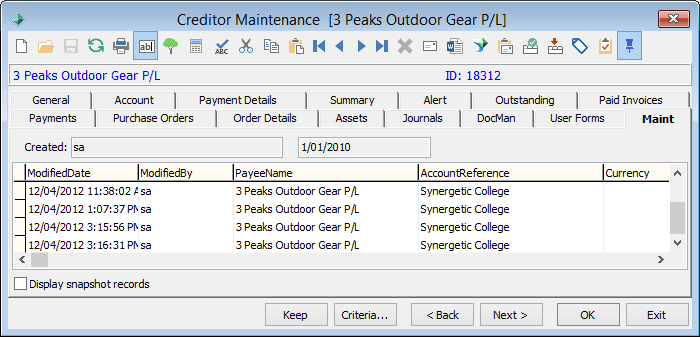 Creditor Maintenance - Maint tab