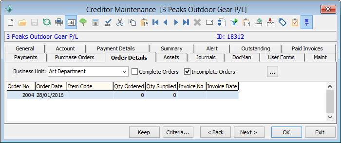 Creditor Maintenance - Order Details tab