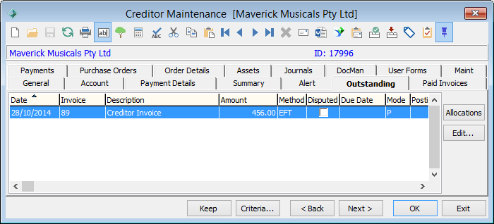 Creditor Maintenance - Outstanding tab