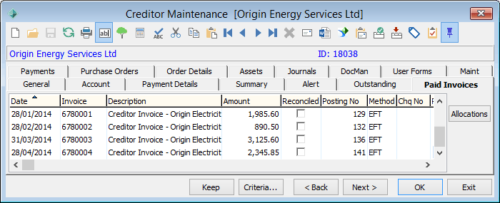 Creditor Maintenance - Paid Invoices tab