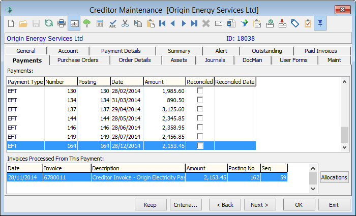 Creditor Maintenance - Payments tab