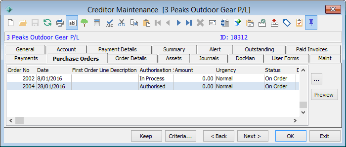 Creditor Maintenance - Purchase Orders tab