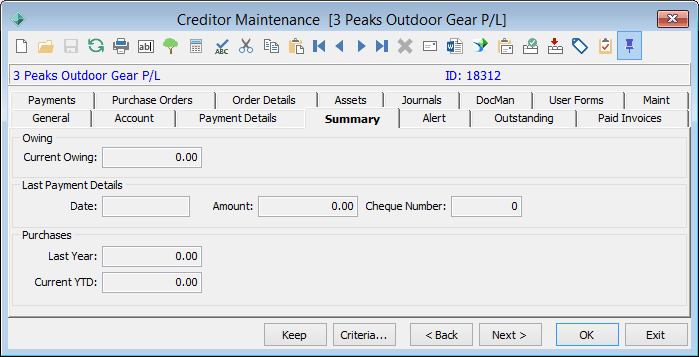 Creditor Maintenance - Summary tab