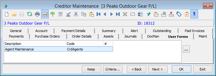 Creditor Maintenance - User Forms tab