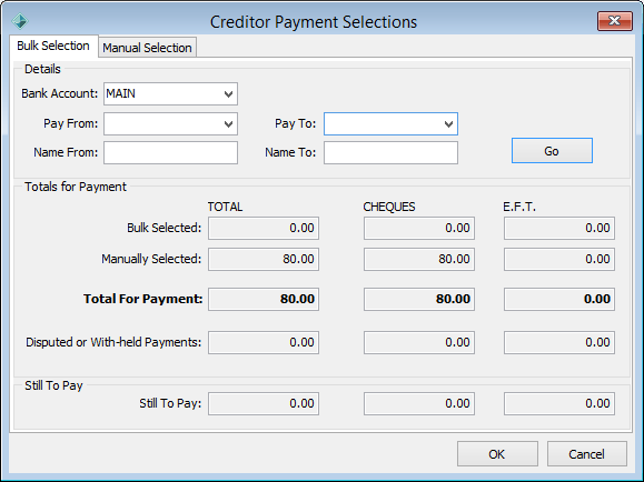 Creditor Payment Selections - Bulk Selections tab