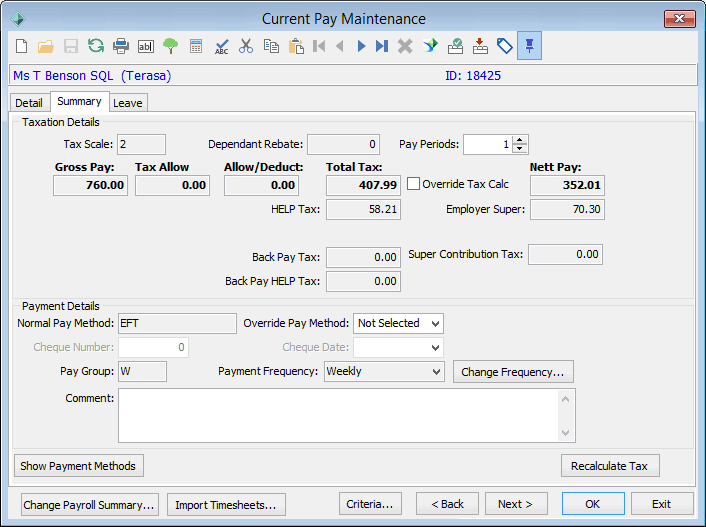 Current Pay Maintenance - Summary tab