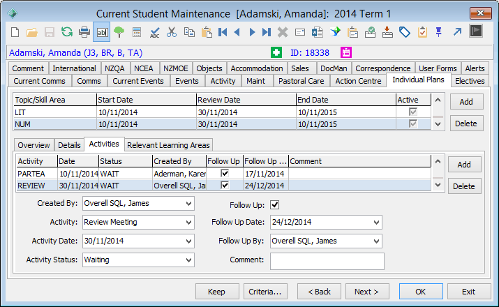 Current student mainteance - Individual Plans tab - Activities sub-tab