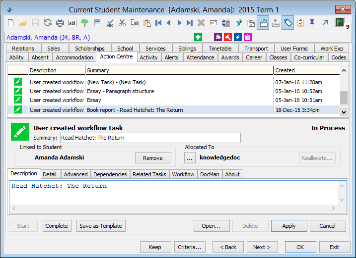 Current Student Maintenance - Action Centre tab