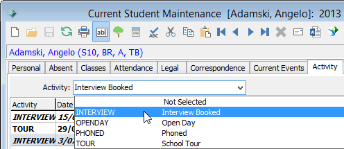 Current Student Maintenance - Activity tab (Activity field)