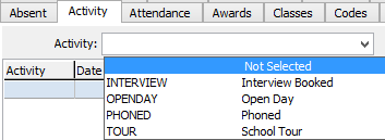 Current Student Maintenance - Activity tab (Activity field, cut down)