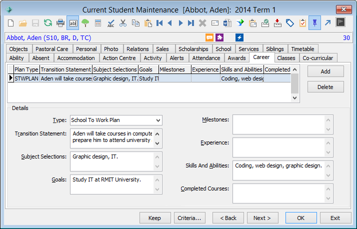 Current Student Maintenance - Career tab