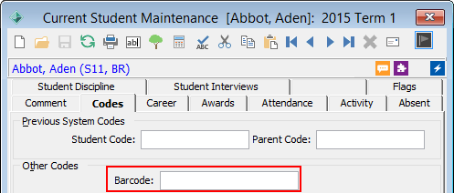 Current Student Maintenance - Codes tab (Bar Code field highlighted)