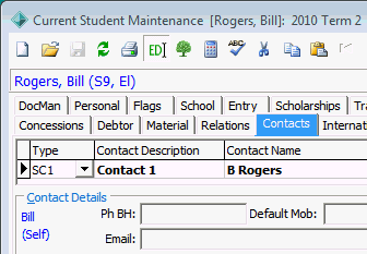 Current Student Maintenance - Contacts tab (Contact is self)