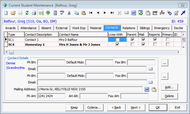 Current Student Maintenance - Contacts tab