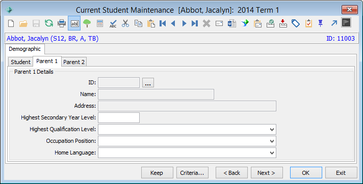 Current Student Maintenance - Demographic tab - Parent 1 sub-tab