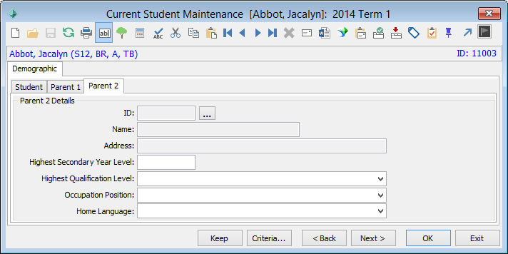 Current Student Maintenance - Demographic tab - Parent 2 sub-tab