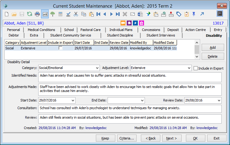 Current Student Maintenance - Disability tab
