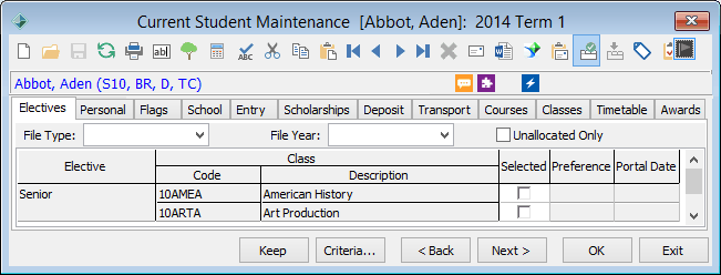 Current Student Maintenance - Electives tab