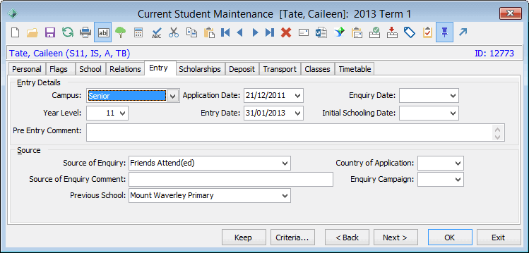 Current Student Maintenance - Entry tab
