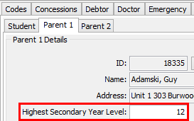 Current Student Maintenance - MCEECDYA tab - Parent 1 sub-tab (Highest Secondary Year Level)