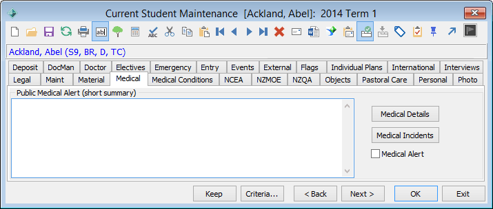 Current Student Maintenance - Medical tab