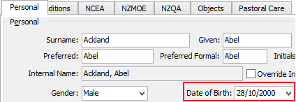 Current Student Maintenance - Personal tab (Date of Birth)