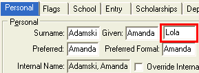 Current Student Maintenance - Personal tab (cut down)