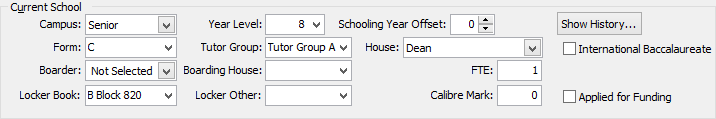 Current Student Maintenance - School tab (Current School fields and buttons)