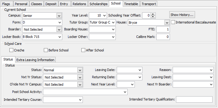 Current Student Maintenance - School tab (cut down)