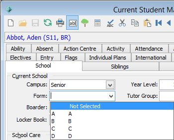 Current Student Maintenance - School tab (form, list)