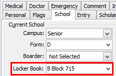 Current Student Maintenance - School tab (Locker book)