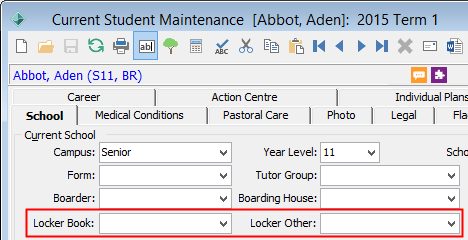 Current Student Maintenance - School tab (locker fields highlighted)