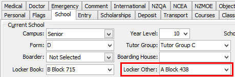 Current Student Maintenance - School tab (Locker other)