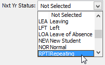 Current Student Maintenance - School tab (Nxt Yr Status)