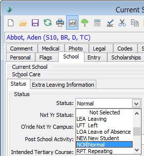 Current Student Maintenance - School tab (Status field)